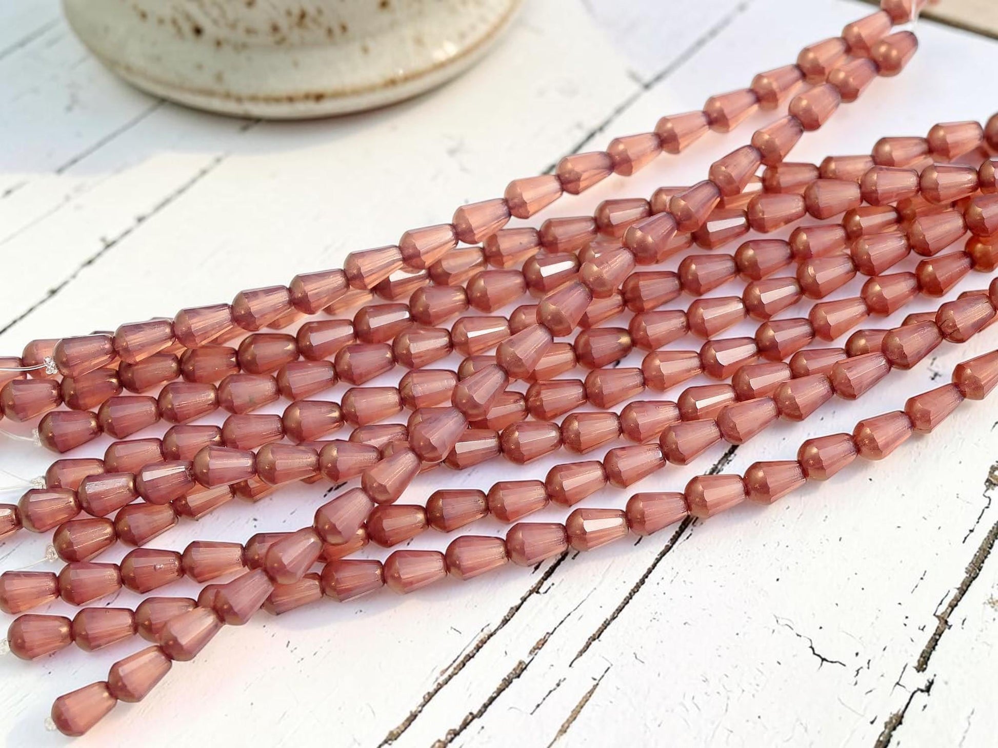 Czech Glass Fire Polished Faceted Vertical Drilled Tear Drop Beads - Mauve Pink Opaline - 6x8mm - 19pcs - (B2)