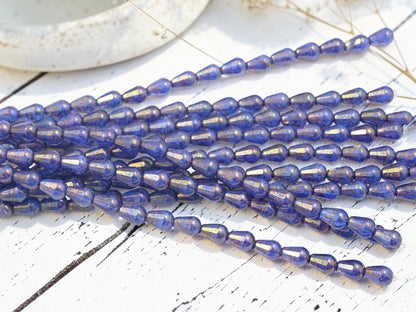 Czech Glass Fire Polished Faceted Vertical Drilled Tear Drop Beads - Blue Aqua Opaline - 6x8mm - 19pcs - (A488)