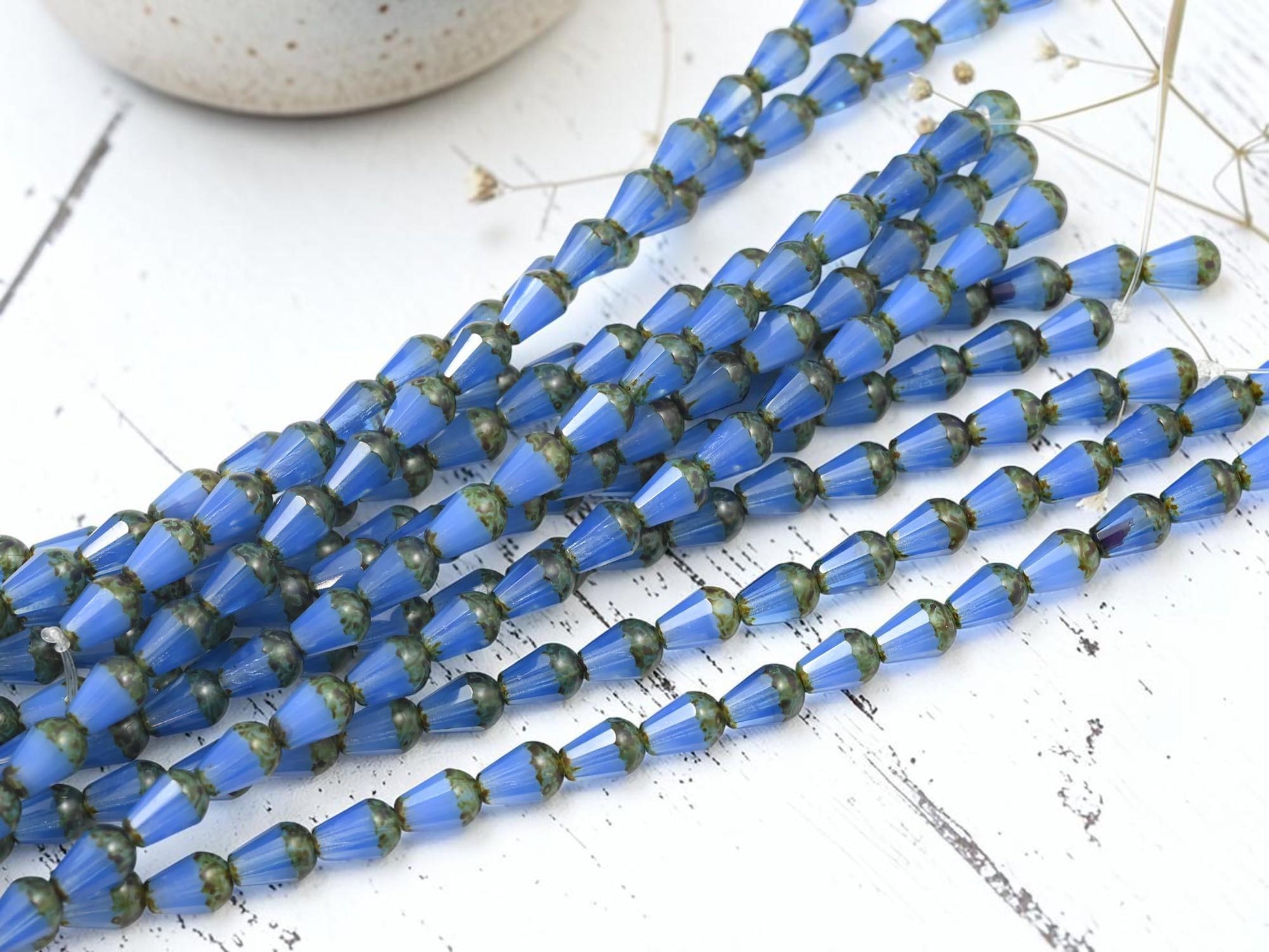 Czech Glass Fire Polished Faceted Vertical Drilled Tear Drop Beads - Blue Opaline Picasso - 6x8mm - 19pcs - (A201)