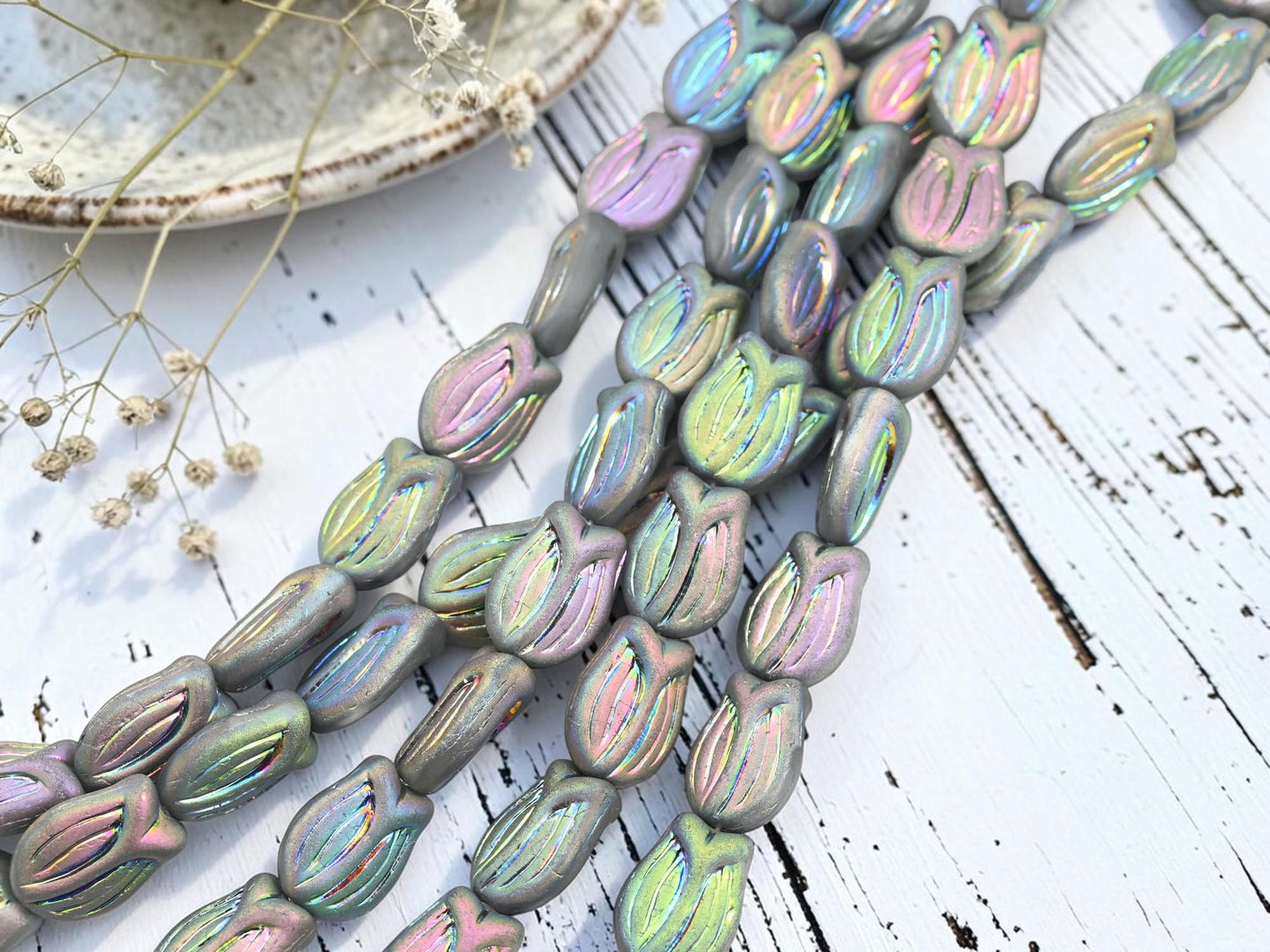 Czech Glass Tulip Flower Beads - Matte Vitrail - 16x12mm - 10pcs - (5089)