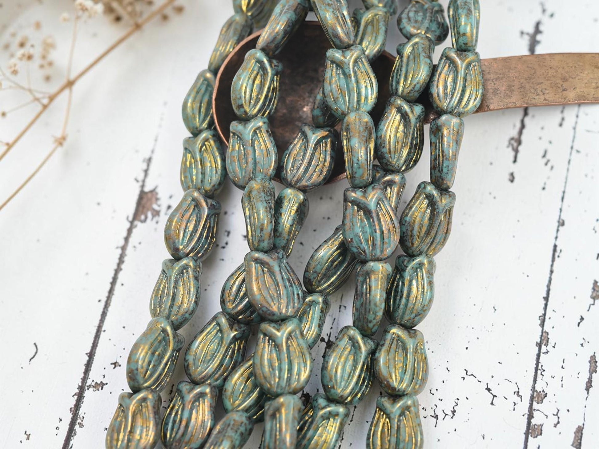 Czech Glass Tulip Flower Beads - Bronze Lustered Turquoise - 16x12mm - 10pcs - (493)
