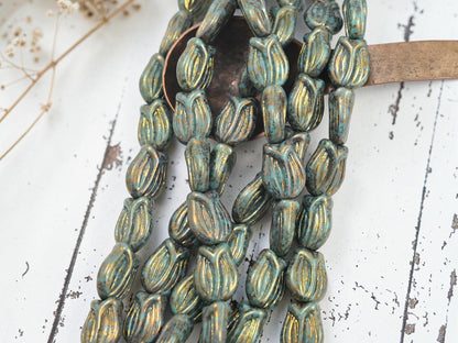 Czech Glass Tulip Flower Beads - Bronze Lustered Turquoise - 16x12mm - 10pcs - (493)