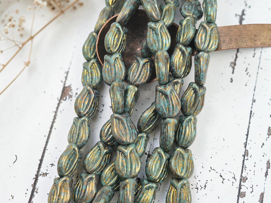 Czech Glass Tulip Flower Beads - Bronze Lustered Turquoise - 16x12mm - 10pcs - (493)