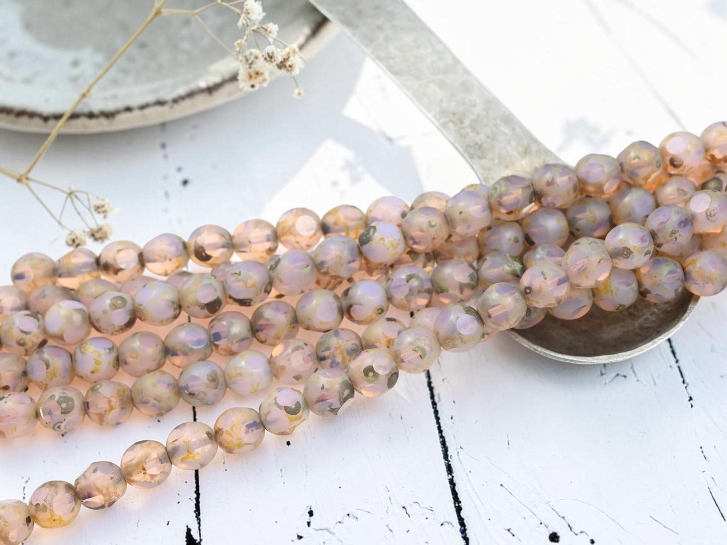 Vintage Old Stock Czech Glass Table Cut Round Picasso Beads - Pink Opaline - 8mm - 25pcs - (A497)