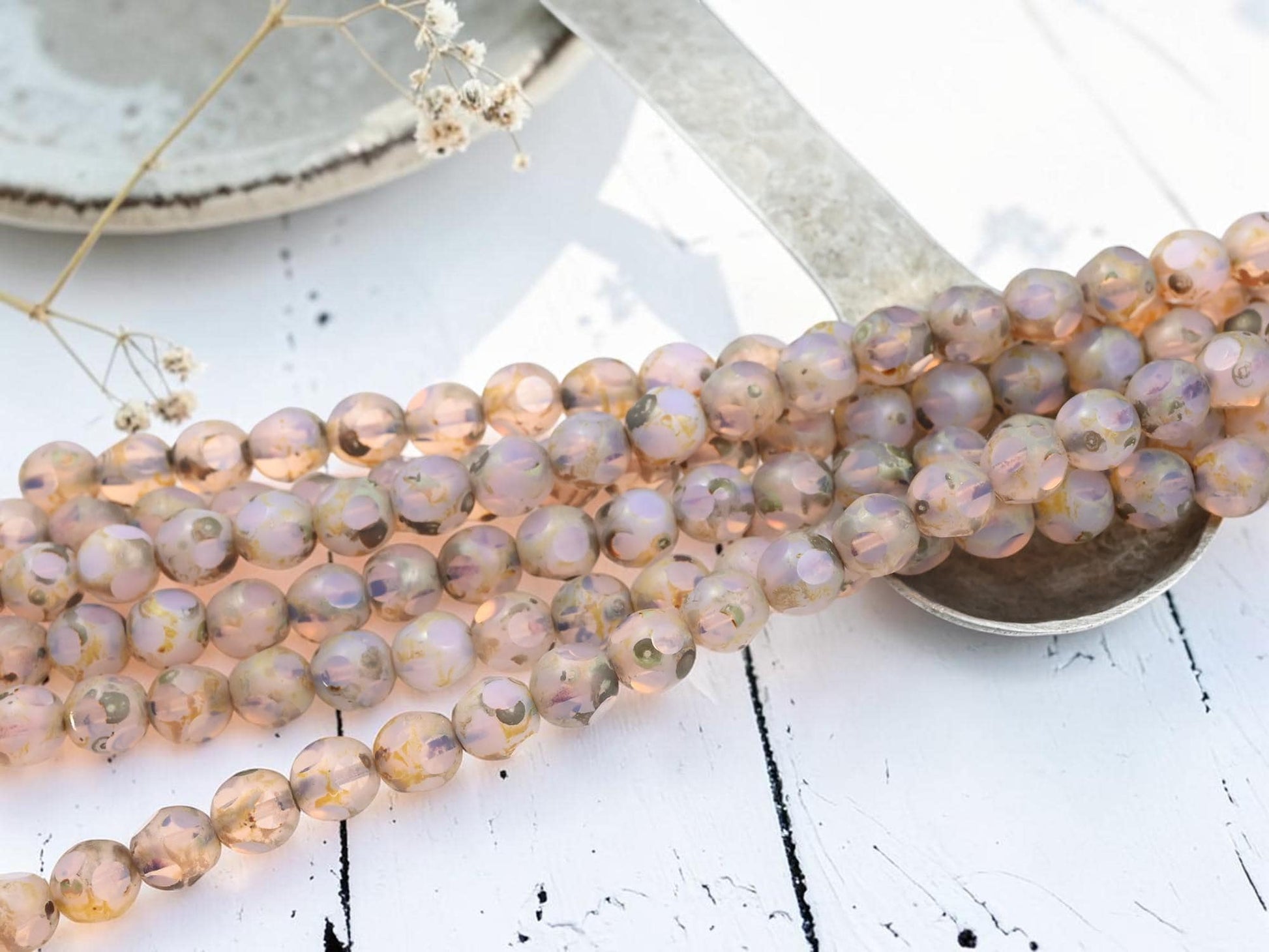 Vintage Old Stock Czech Glass Table Cut Round Picasso Beads - Pink Opaline - 8mm - 25pcs - (A497)