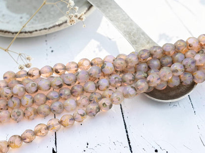 Vintage Old Stock Czech Glass Table Cut Round Picasso Beads - Pink Opaline - 8mm - 25pcs - (A497)