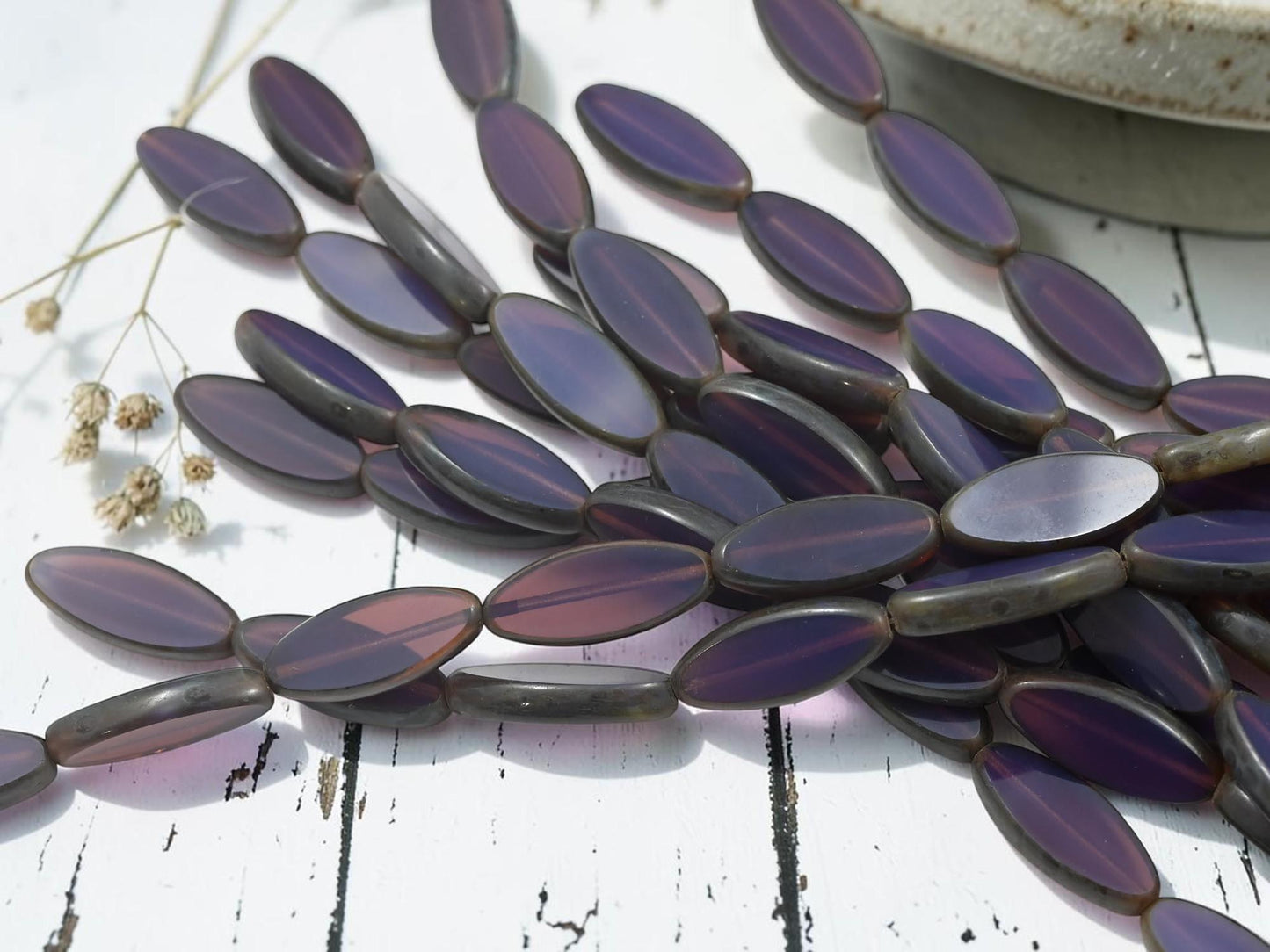 Czech Glass Table Cut Marquise Spindle Oval Beads - Purple Opaline Picasso - 19x8mm- 8pcs - (A435)