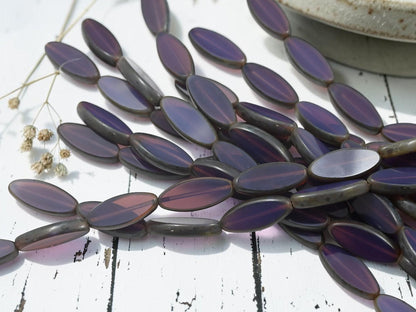 Czech Glass Table Cut Marquise Spindle Oval Beads - Purple Opaline Picasso - 19x8mm- 8pcs - (A435)