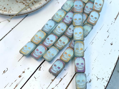 Czech Glass Acid Etched Laser Design Skull Rectangle Beads - 6pcs - 12x18mm - (5928)