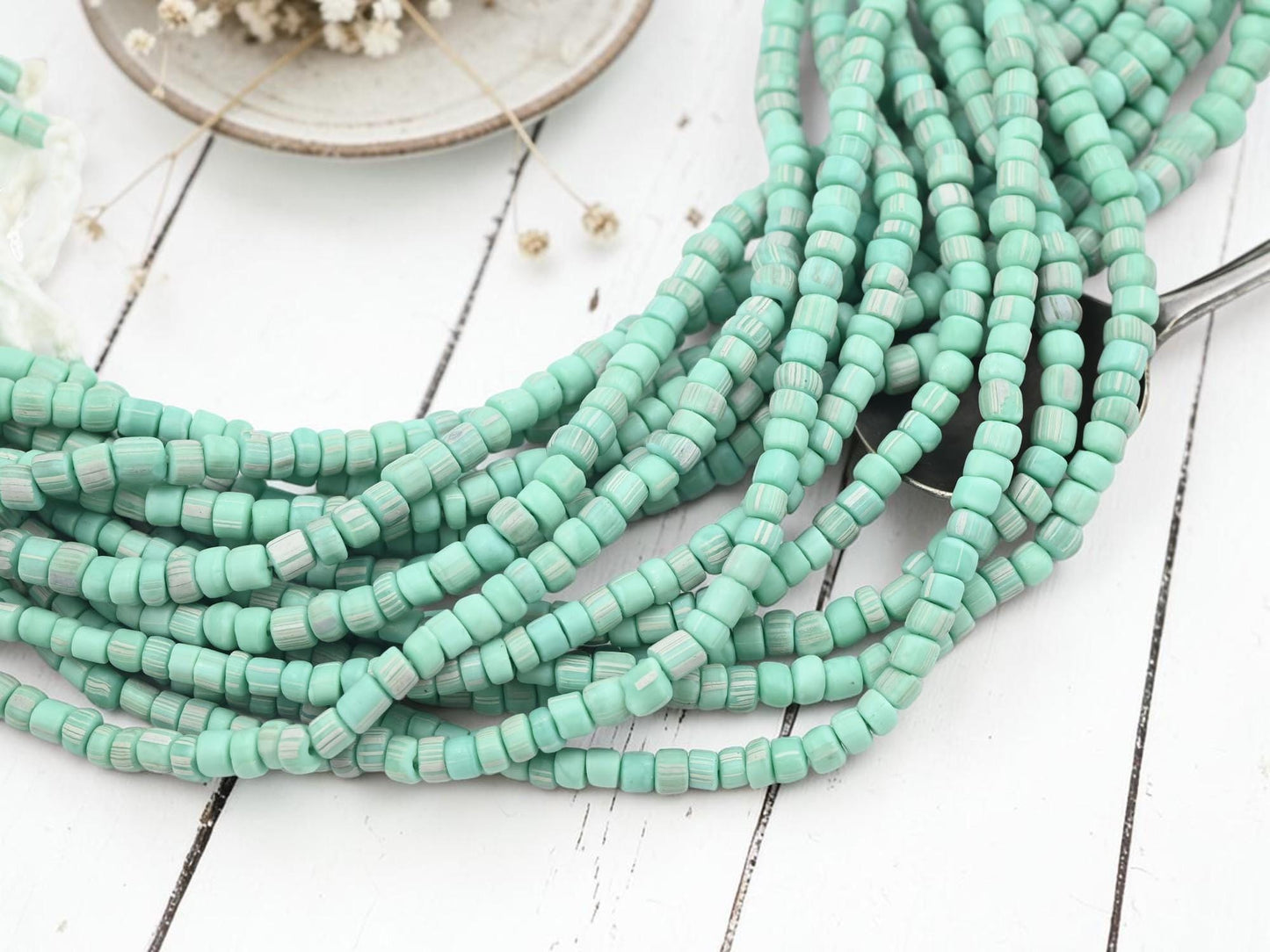 Indonesian Recycled Java Glass Gooseberry Trade Beads - Mint Turquoise - 4-7mm - 24" Strand - (2343)