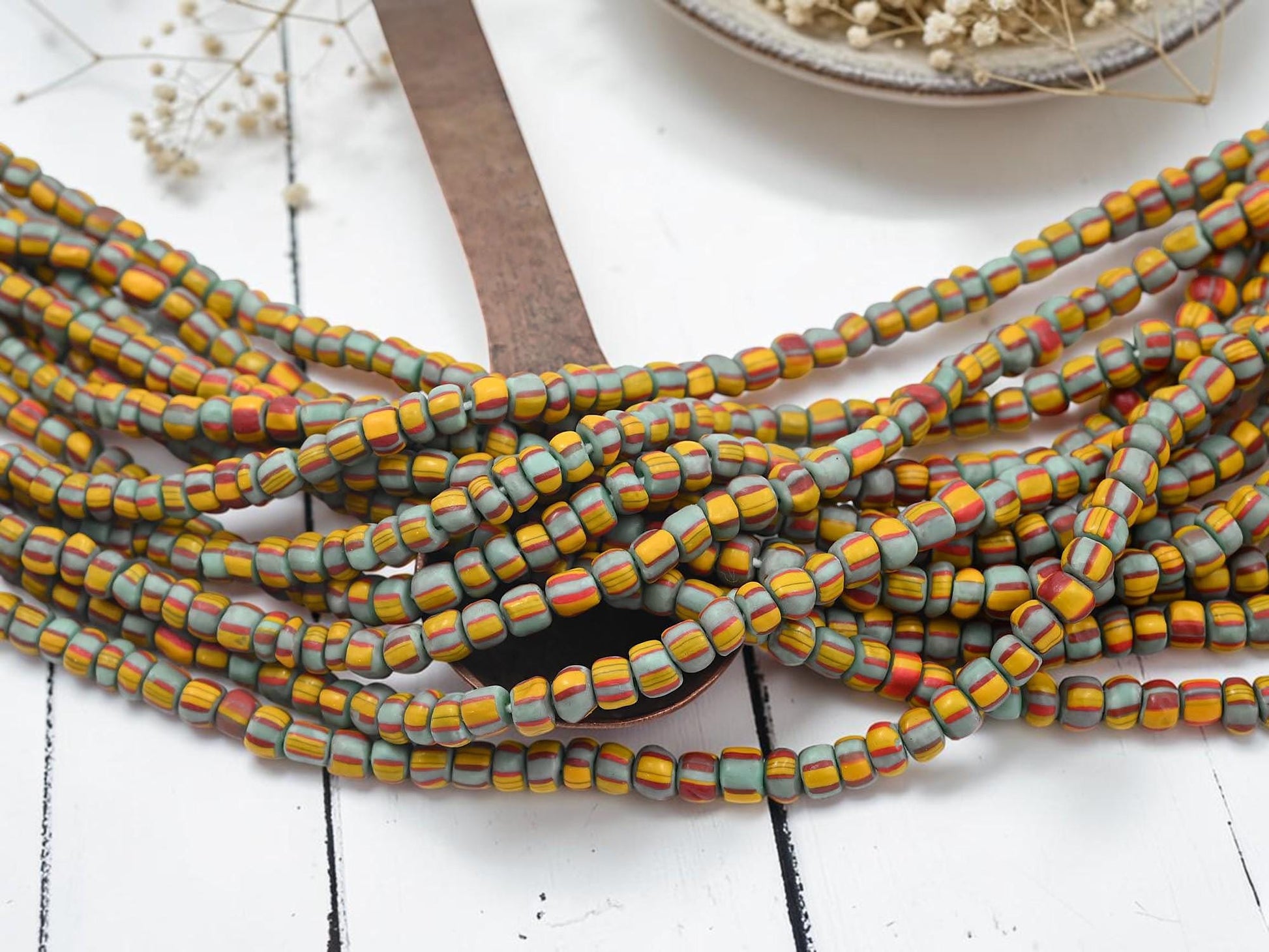 Indonesian Java Glass Trade Beads - Striped Gooseberry - 4-7mm - 24" Strand - (B400)