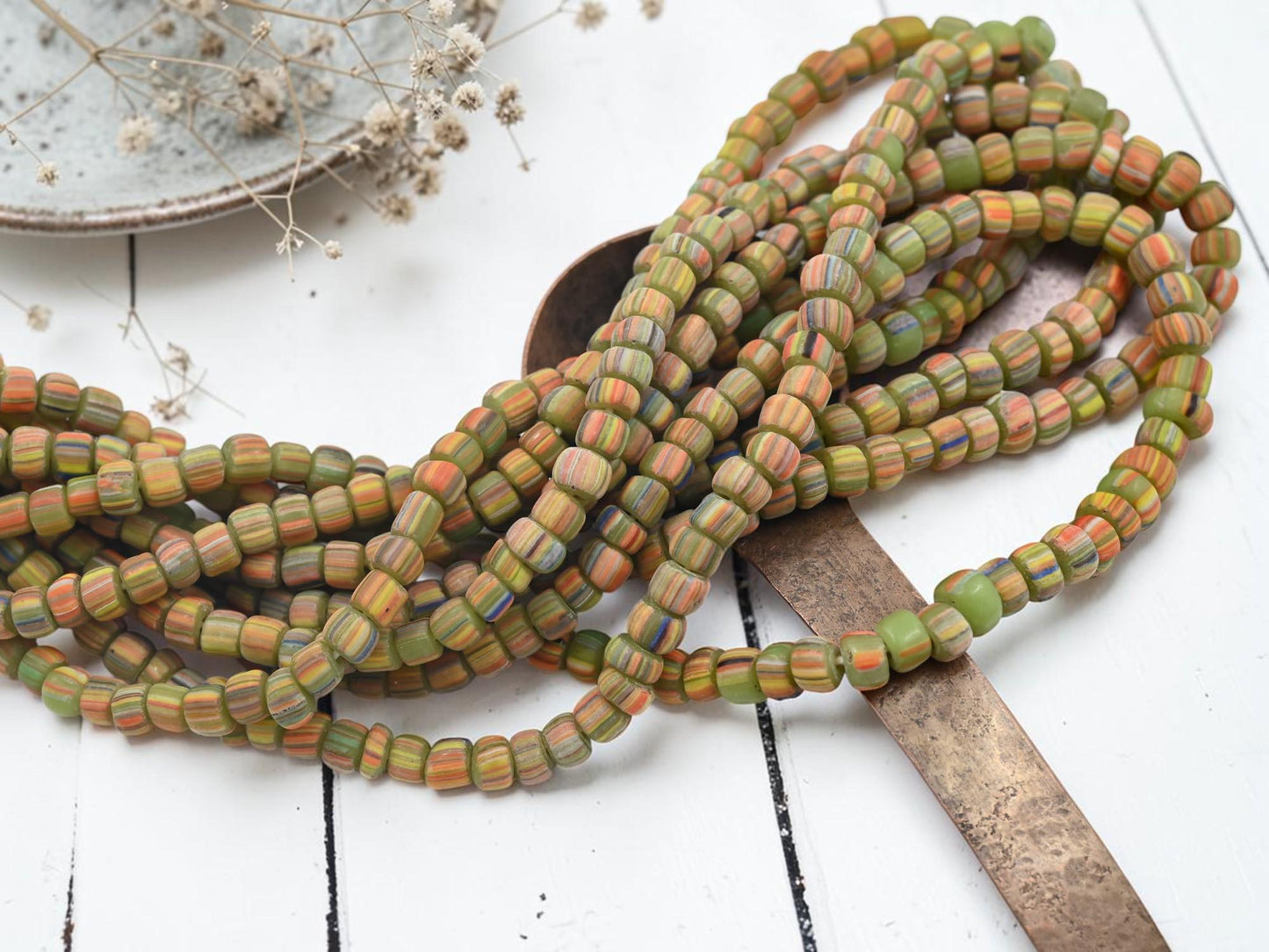 Indonesian Java Glass Trade Beads - Striped Gooseberry - 4-7mm - 24" Strand - (A732)