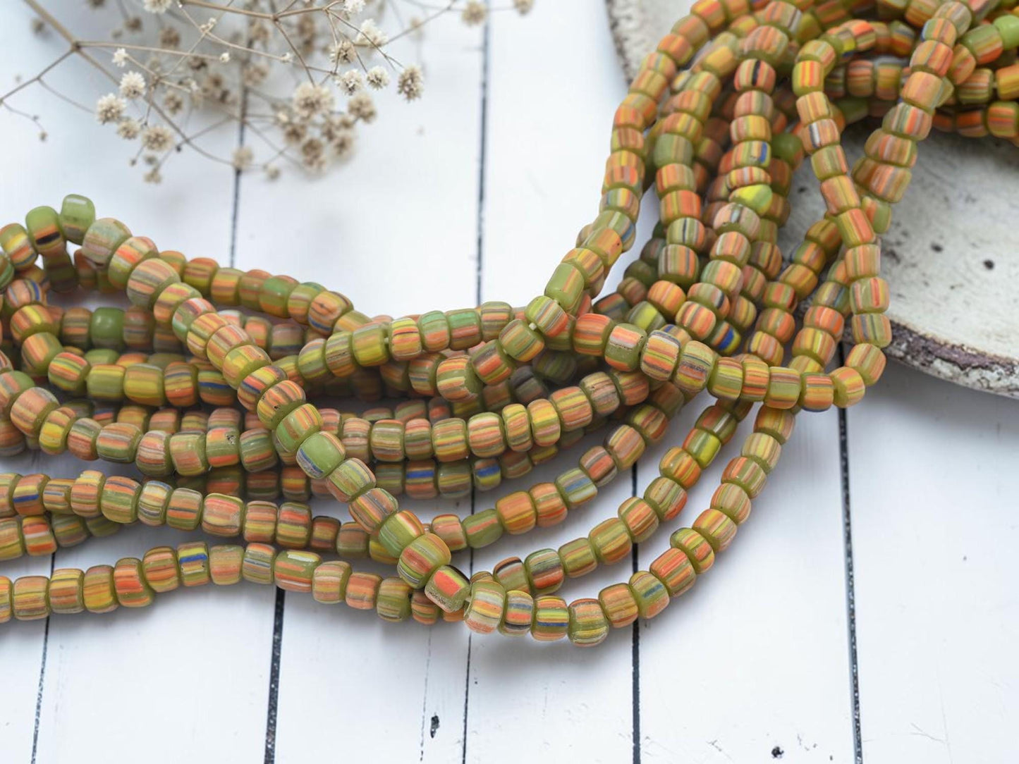 Indonesian Java Glass Trade Beads - Striped Gooseberry - 4-7mm - 24" Strand - (A732)