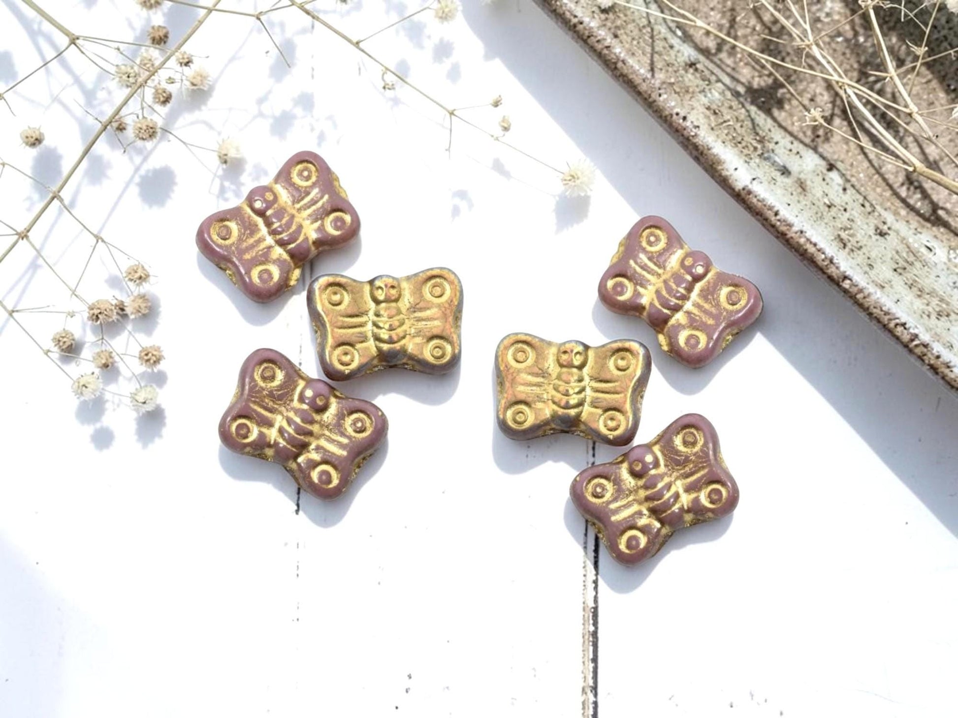 Czech Glass Butterfly Beads - Golden Dusty Rose AB - 16x11mm - 12pcs - (A30)