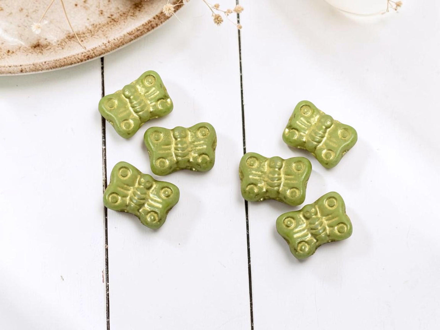 Czech Glass Butterfly Beads - Gold Washed Green Apple - 16x11mm - 12pcs - (697)