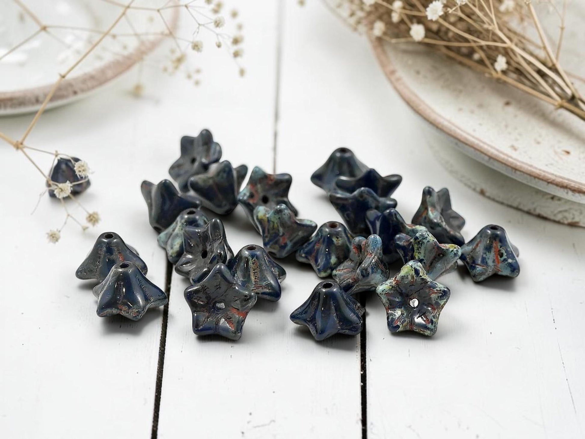 *15* 6x9mm Navy Blue Travertine Trumpet Bell Flowers