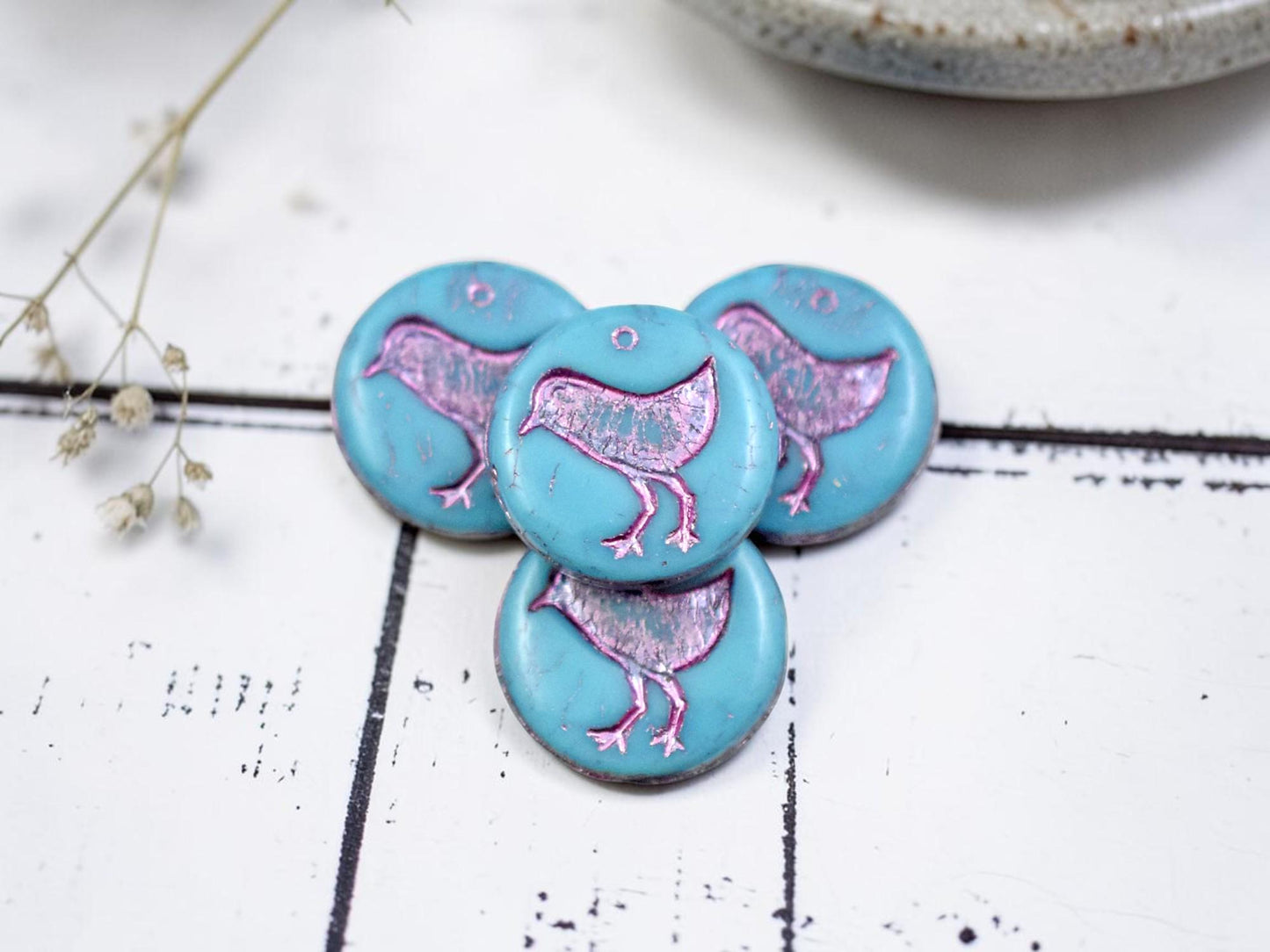 Czech Glass Beads - Picasso Beads - Bird Beads - Coin Beads - Czech Beads - Flat Coin - 10pcs - 12mm - (B64)