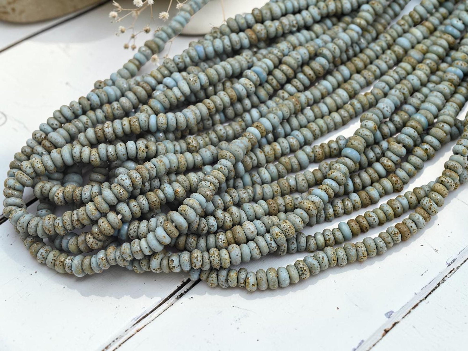 Indonesian Java Glass Beads - Aged Donut Shape - Approx 4x7mm - 20" Strand - (B628)