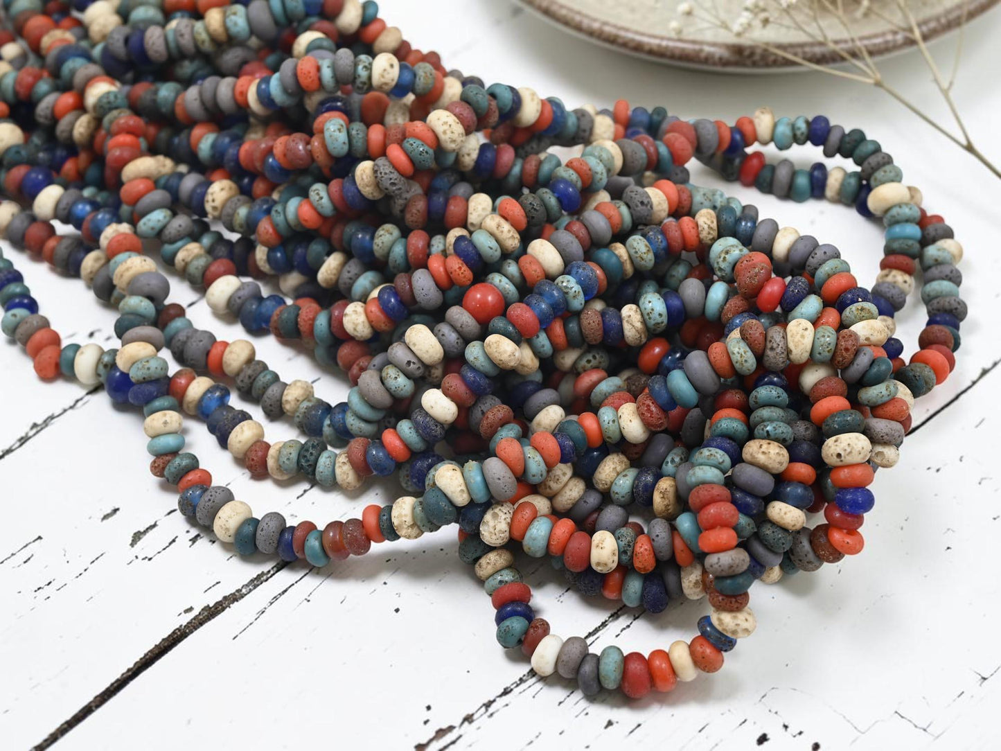 Indonesian Java Glass Beads -Multicolor Aged Donut - Approx 4x7mm - 20" Strand - (2203)