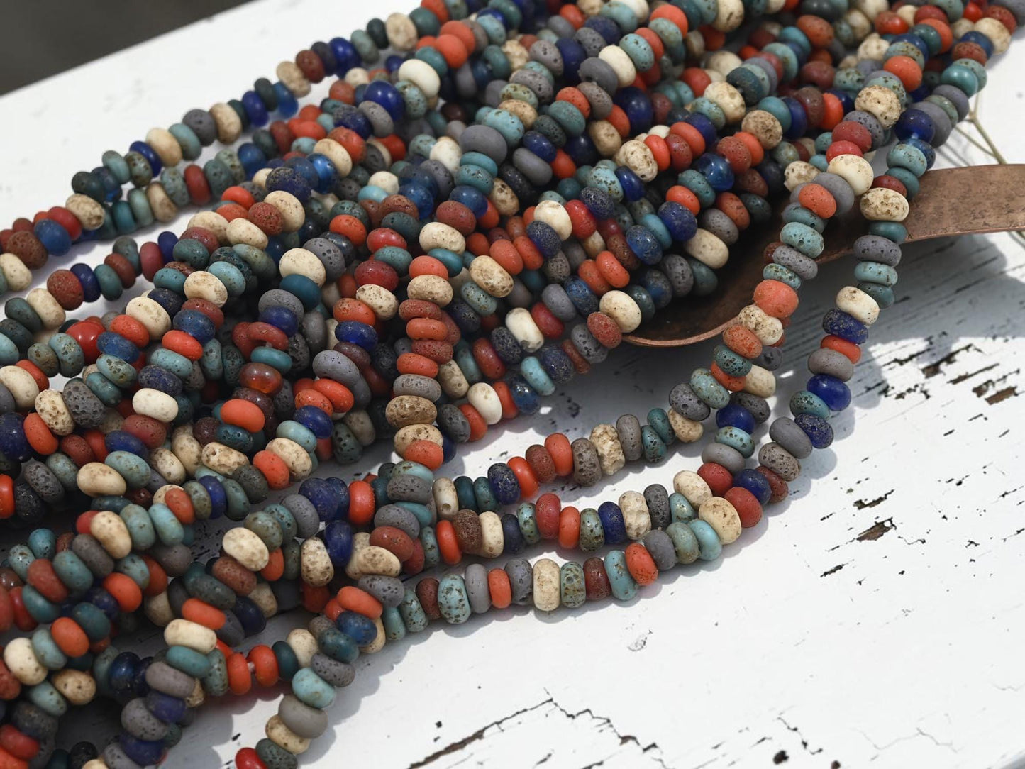 Indonesian Java Glass Beads -Multicolor Aged Donut - Approx 4x7mm - 20" Strand - (2203)
