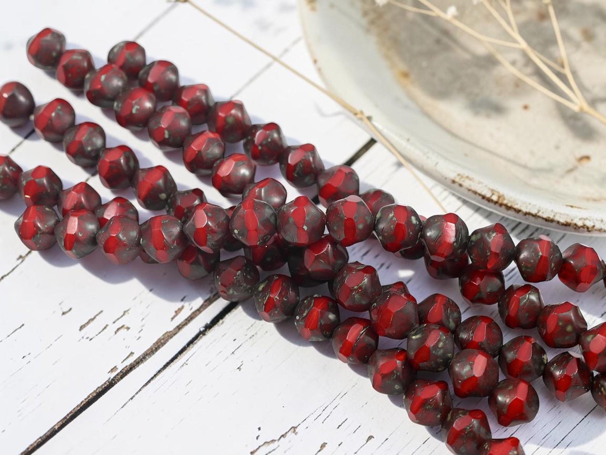 Old Stock Czech Glass Central Cut Round Baroque Beads - Red Opaline Picasso - 9mm - 15pcs - (A68)