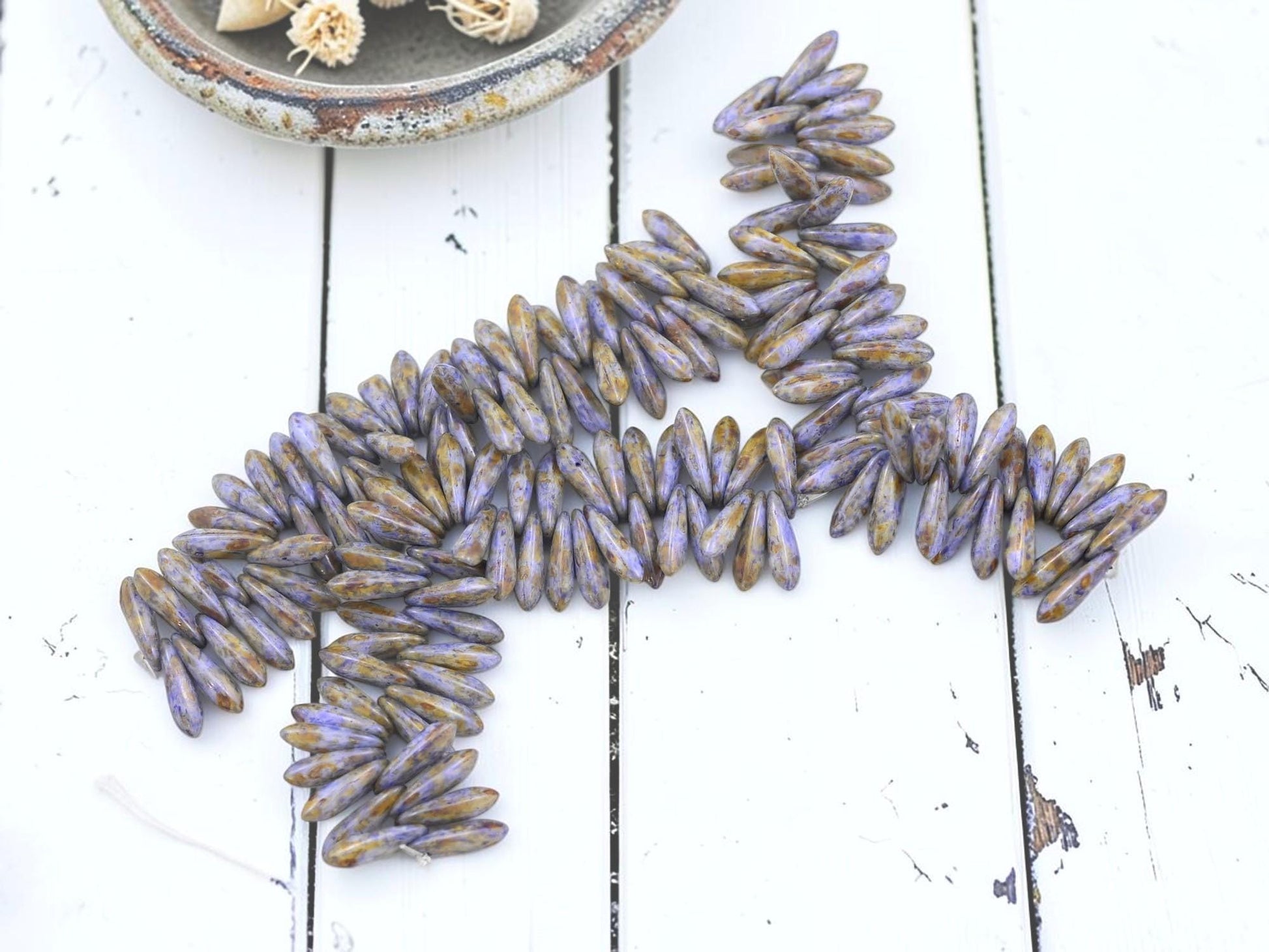 Czech Pressed Glass Small Baby Purple Picasso Dagger Beads - 3x11mm - 50pcs - (3962)