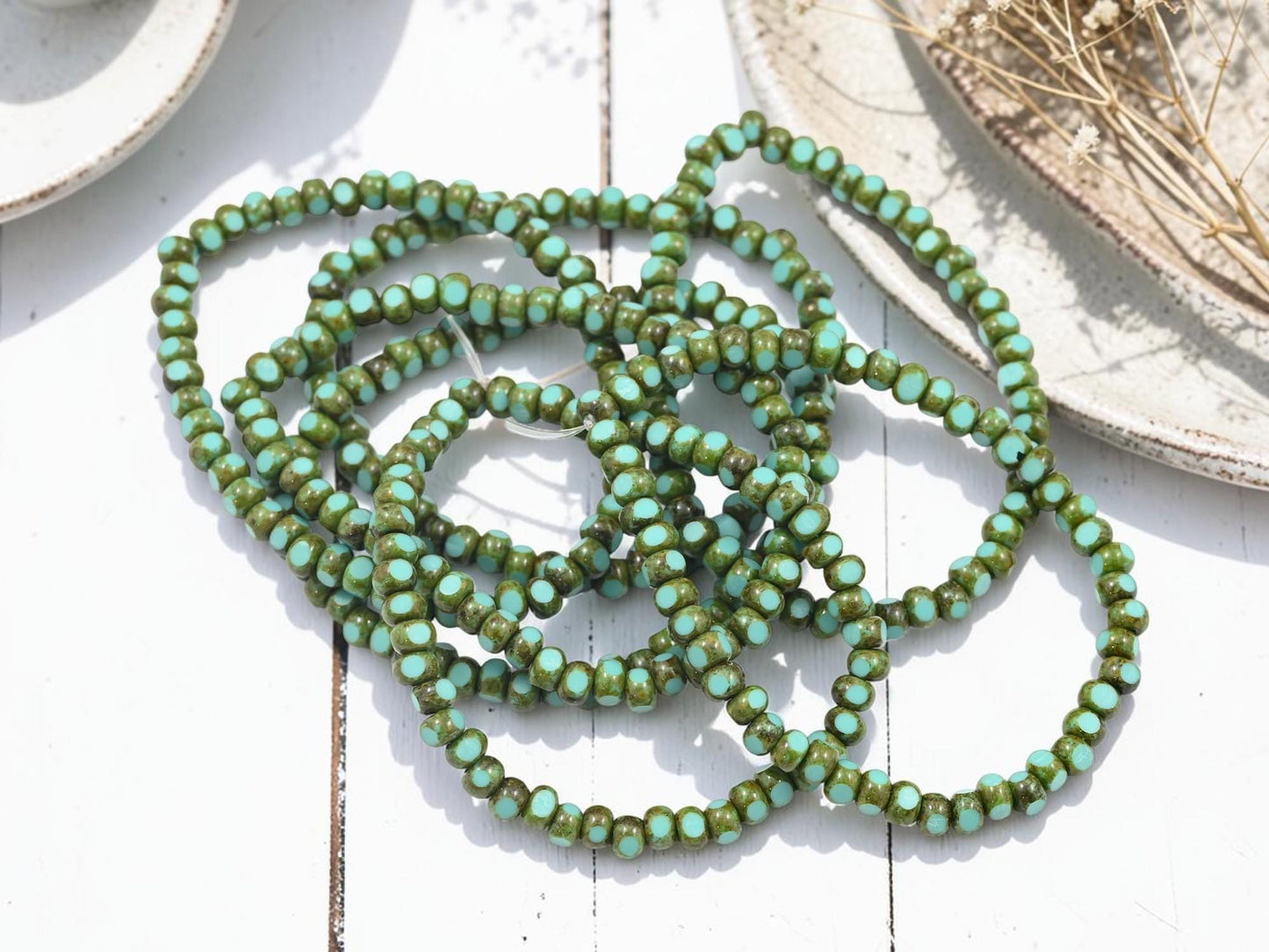 Czech Glass Trica Seed Bead Spacer Beads - Green Turquoise Picasso - 4x3mm - 50pcs - (3941)