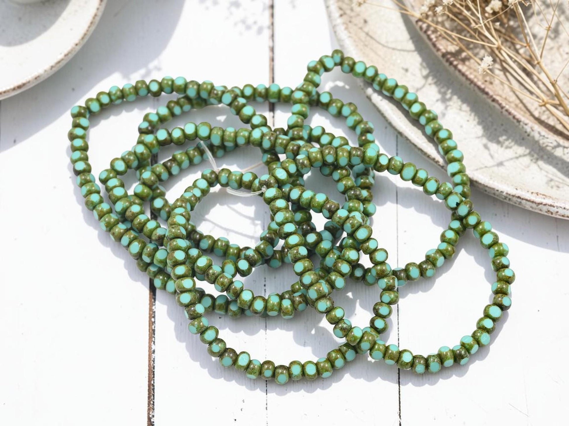 Czech Glass Trica Seed Bead Spacer Beads - Green Turquoise Picasso - 4x3mm - 50pcs - (3941)