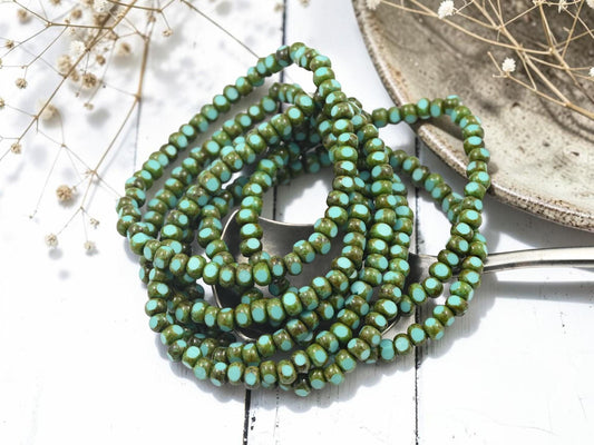 Czech Glass Trica Seed Bead Spacer Beads - Green Turquoise Picasso - 4x3mm - 50pcs - (3941)