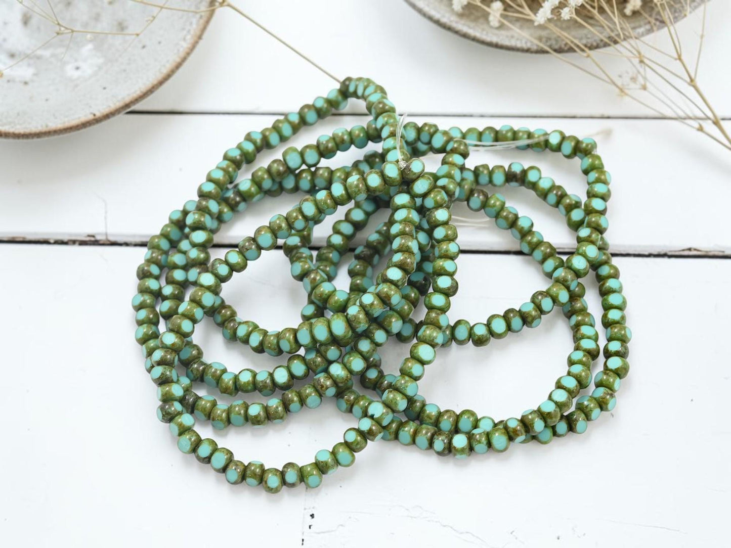 Czech Glass Trica Seed Bead Spacer Beads - Green Turquoise Picasso - 4x3mm - 50pcs - (3941)