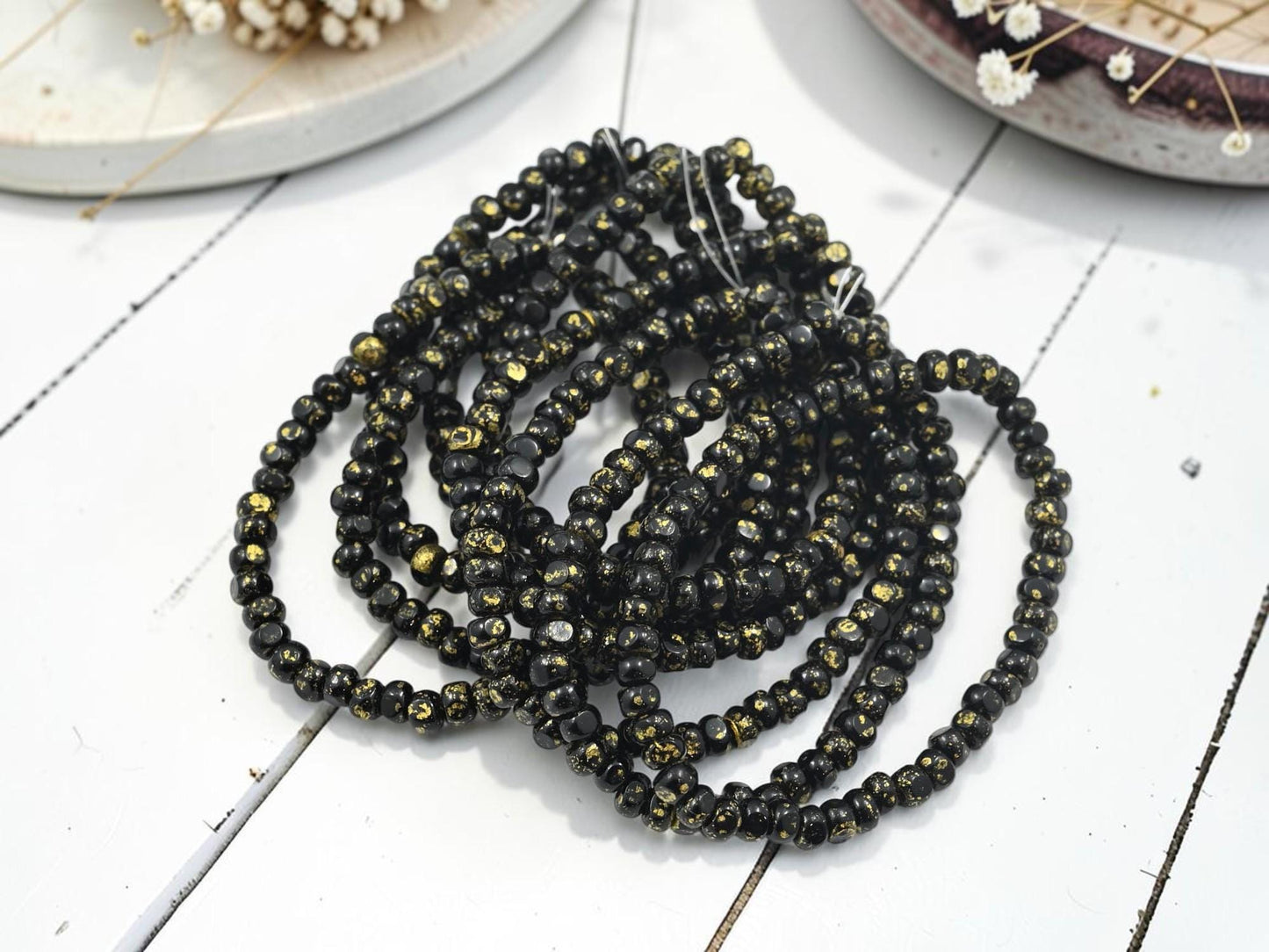 Czech Glass Trica Seed Bead Spacer Beads - Gold Splattered Jet Black - 4x3mm - 50pcs - (3854)