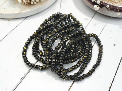 Czech Glass Trica Seed Bead Spacer Beads - Gold Splattered Jet Black - 4x3mm - 50pcs - (3854)
