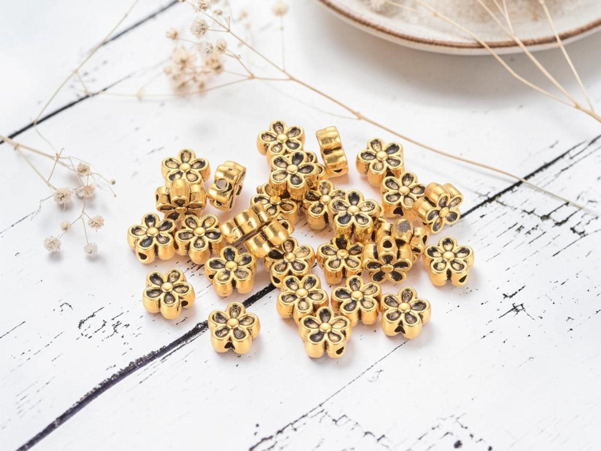 Antique Gold Metal Flower Spacer Beads - 7x4mm - 100pcs - (A555)