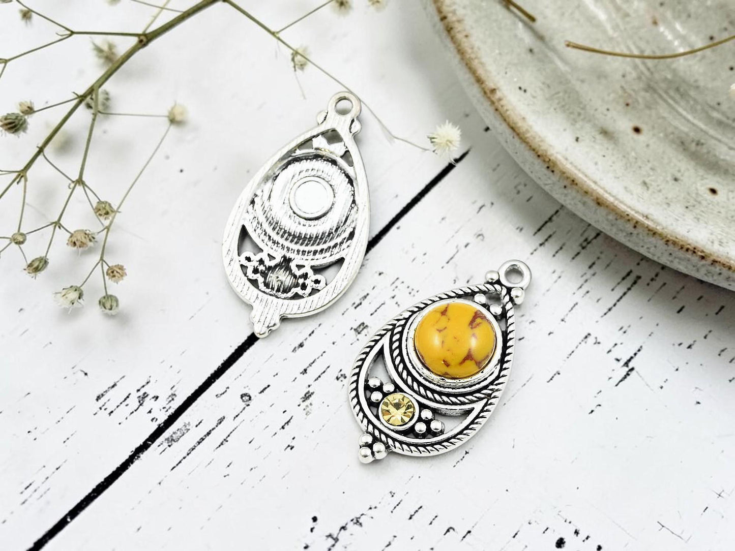 Antique Silver with Goldenrod Yellow Howlite + Rhinestone Metal Charm Pendants - 34x18mm - 2pcs - (3256)