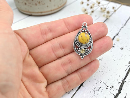 Antique Silver with Goldenrod Yellow Howlite + Rhinestone Metal Charm Pendants - 34x18mm - 2pcs - (3256)