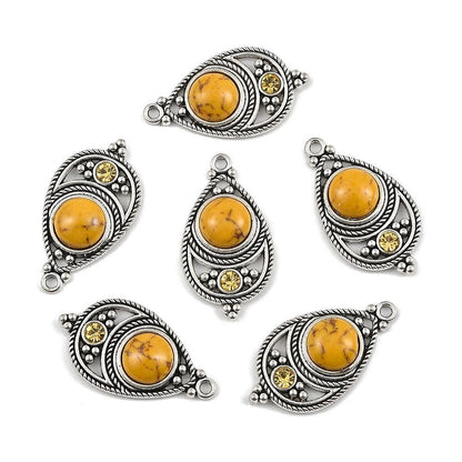 Antique Silver with Goldenrod Yellow Howlite + Rhinestone Metal Charm Pendants - 34x18mm - 2pcs - (3256)