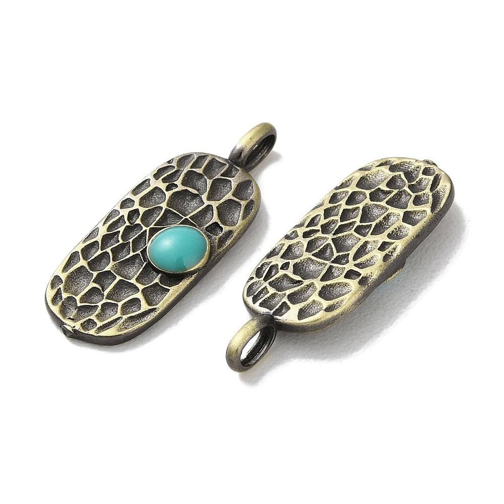 Antique Bronze Metal Hammered Oval Charms w/Turquoise - 4pcs - 21x8mm - (2713)