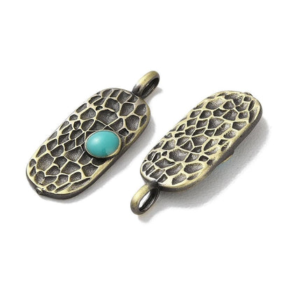 Antique Bronze Metal Hammered Oval Charms w/Turquoise - 4pcs - 21x8mm - (2713)