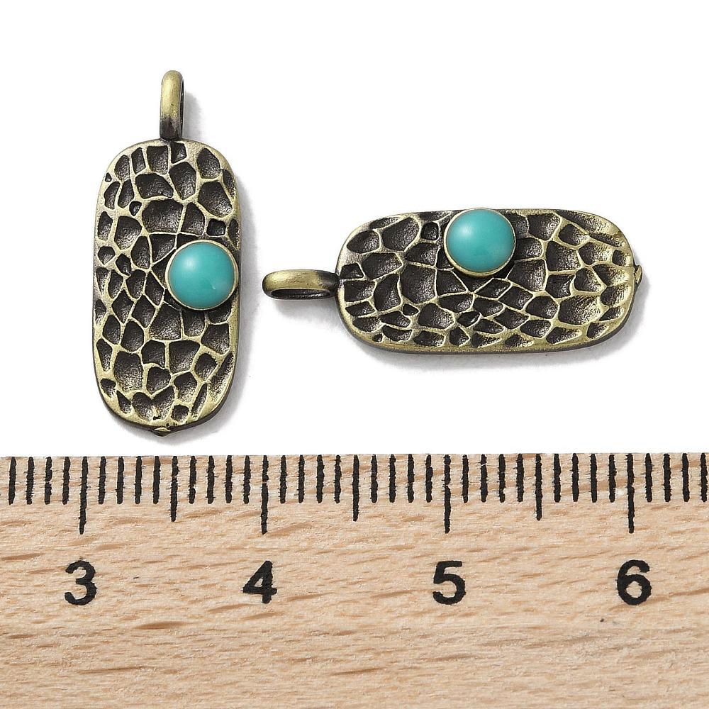 Antique Bronze Metal Hammered Oval Charms w/Turquoise - 4pcs - 21x8mm - (2713)