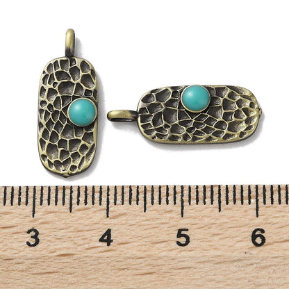 Antique Bronze Metal Hammered Oval Charms w/Turquoise - 4pcs - 21x8mm - (2713)