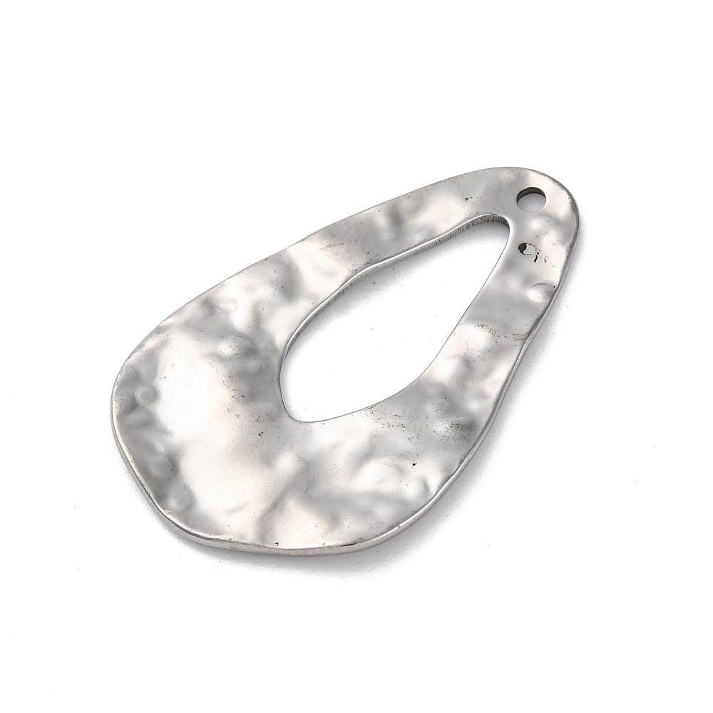 Antique Silver Stainless Steel Hammered Drop Charms - 5pcs - 34x22mm - (4777)