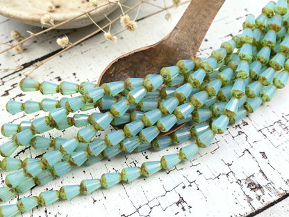 Czech Glass Fire Polished Faceted Vertical Drilled Tear Drop Beads - Aqua Opaline Picasso - 6x8mm - 19pcs - (A167)