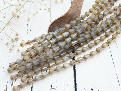 Czech Glass Faceted Fire Polished Petite Tear Drop Beads - Gray Opaline Picasso - 6x8mm - 19pcs - (4503)