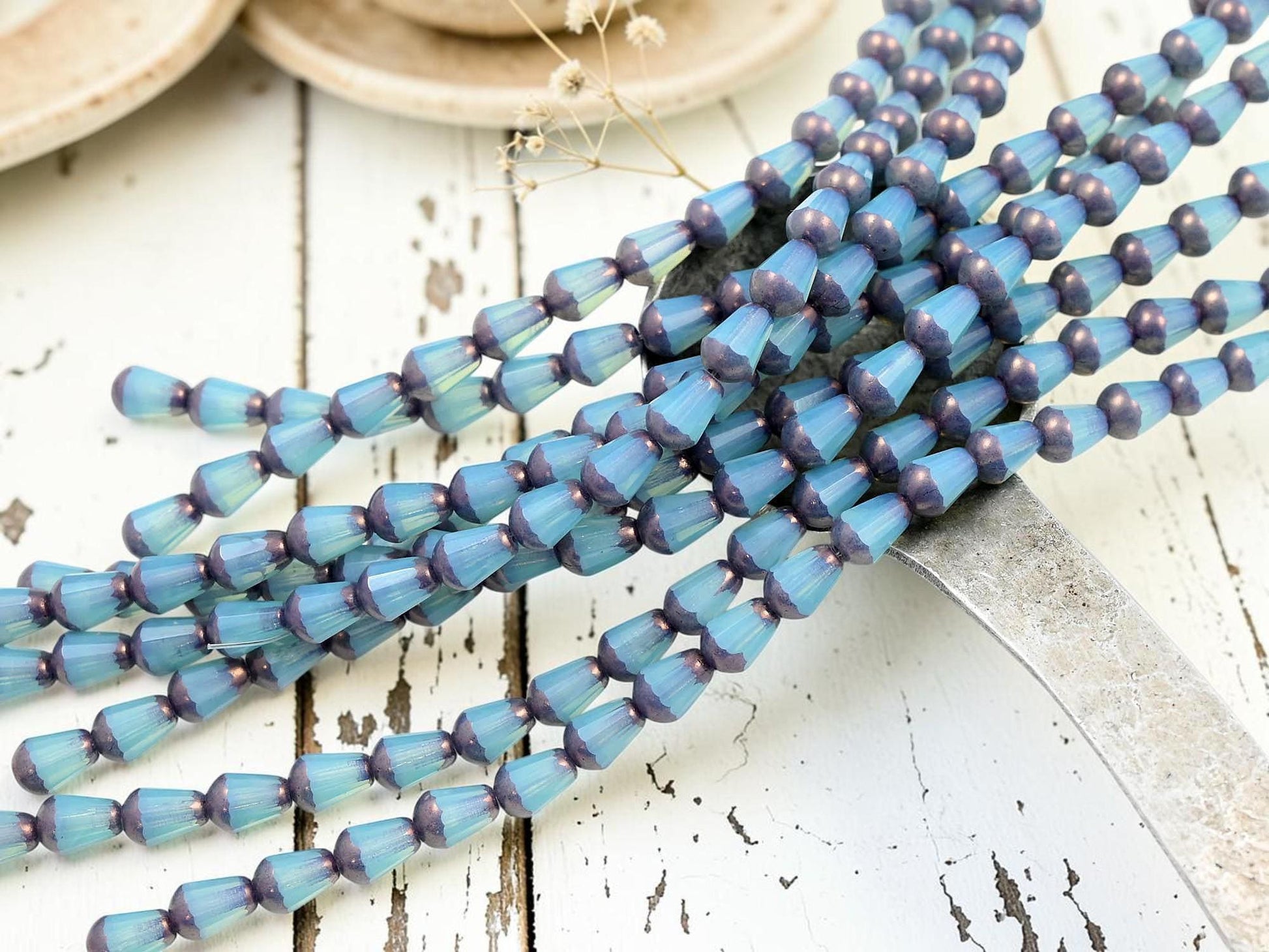 Czech Glass Fire Polished Faceted Vertical Drilled Tear Drop Beads - Blue Aqua Opaline - 6x8mm - 19pcs - (A488)