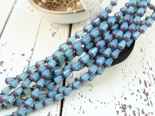 Czech Glass Fire Polished Faceted Vertical Drilled Tear Drop Beads - Blue Aqua Opaline - 6x8mm - 19pcs - (A488)