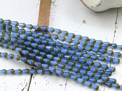 Czech Glass Fire Polished Faceted Vertical Drilled Tear Drop Beads - Blue Opaline Picasso - 6x8mm - 19pcs - (A201)