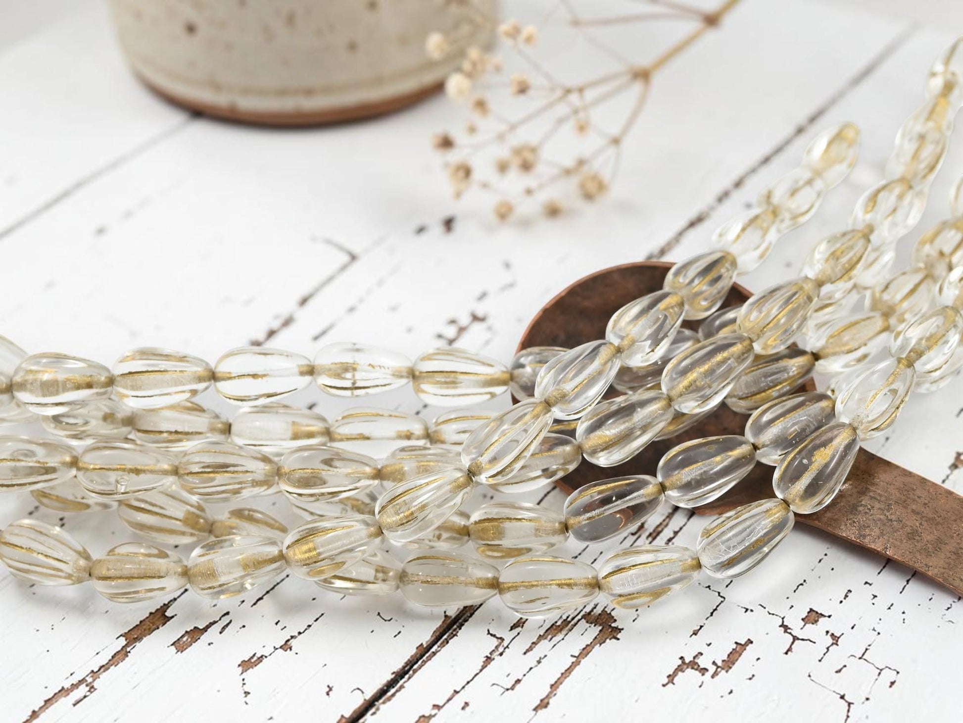 Czech Glass Melon Tear Drop Beads - Gold Washed Crystal Clear - 16pcs - 13x8mm - (A111)