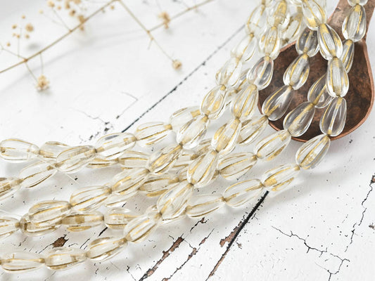 Czech Glass Melon Tear Drop Beads - Gold Washed Crystal Clear - 16pcs - 13x8mm - (A111)