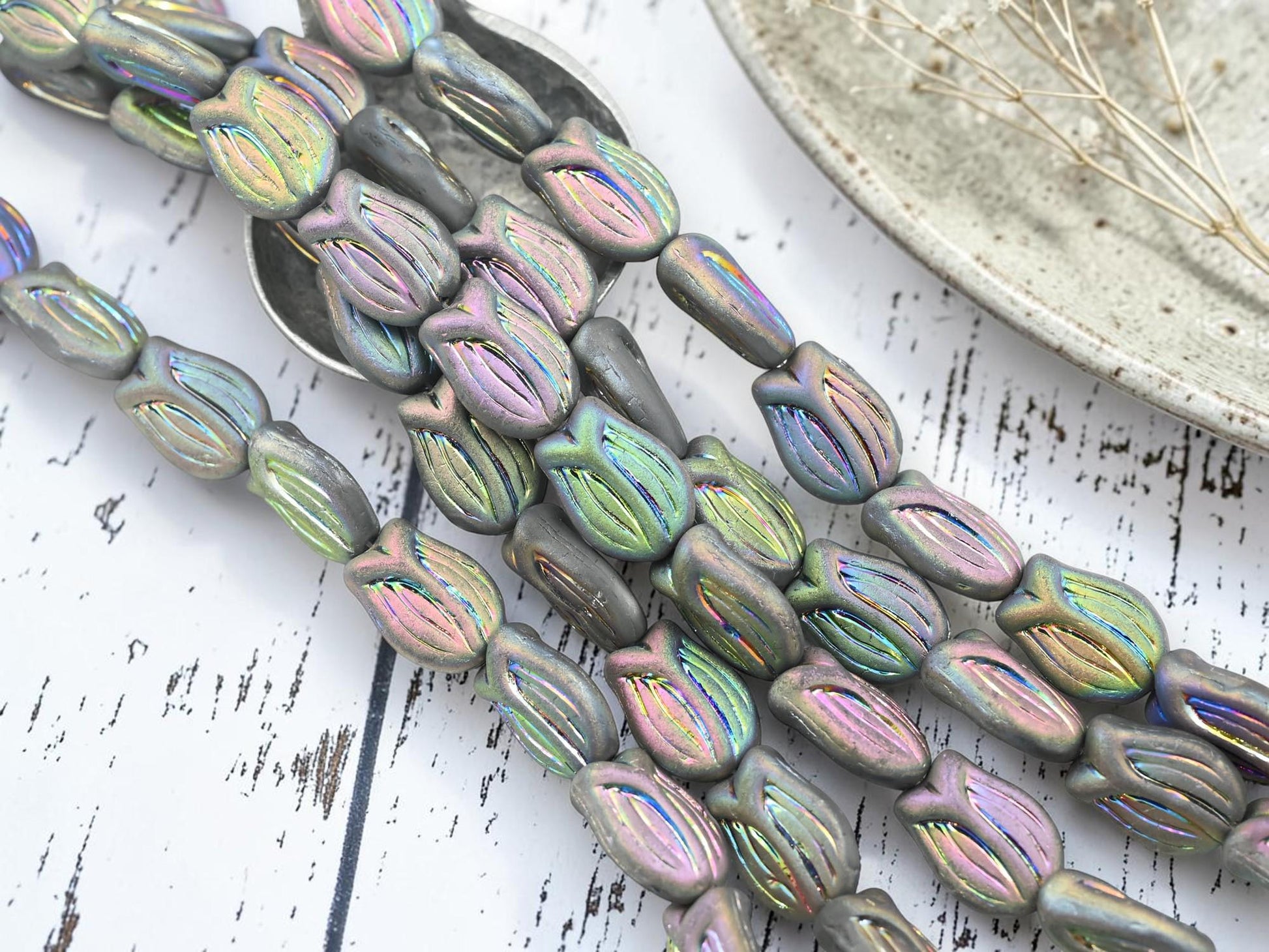 Czech Glass Tulip Flower Beads - Matte Vitrail - 16x12mm - 10pcs - (5089)