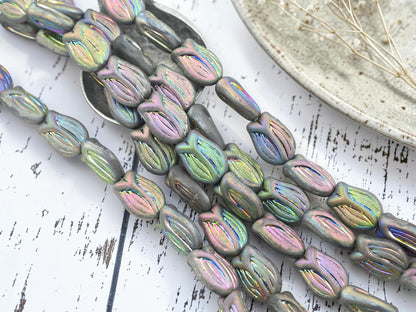Czech Glass Tulip Flower Beads - Matte Vitrail - 16x12mm - 10pcs - (5089)